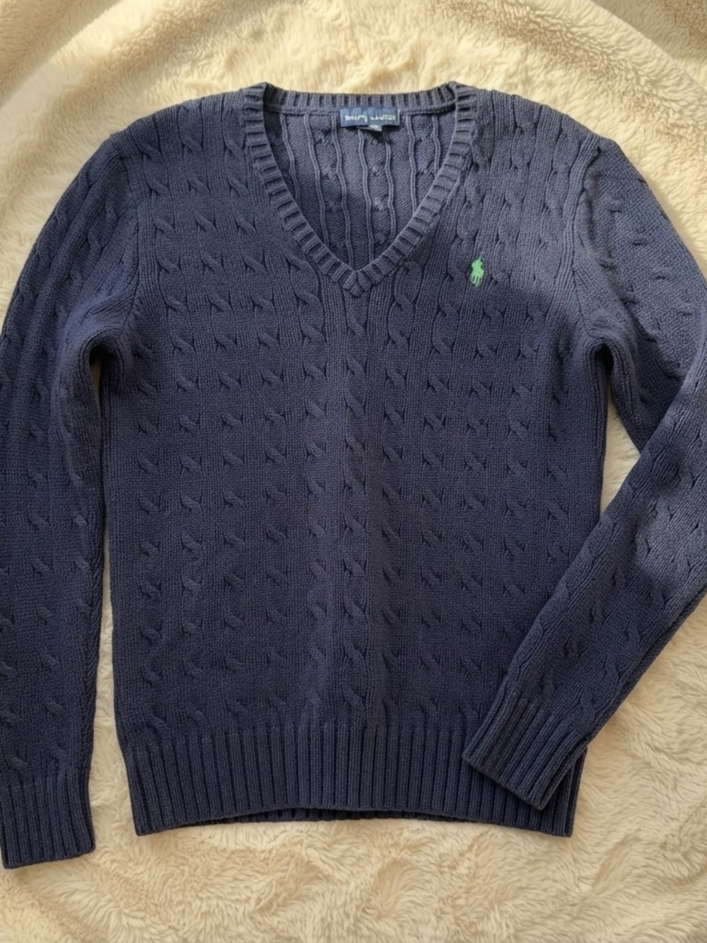 Ralph Lauren Navy V-Neck Cable Knit Sweater with Green Pony
